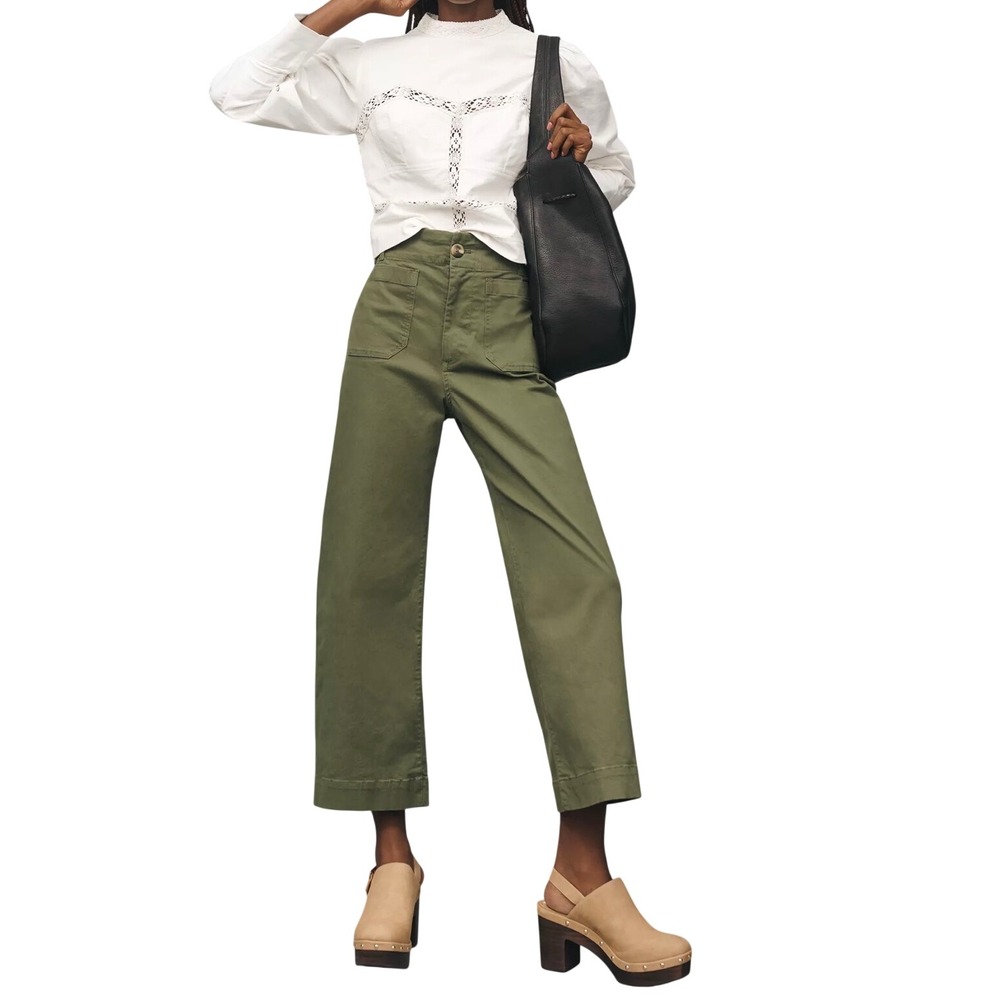 Maeve Anthropologie The Colette Cropped Wide Leg Pants Olive Green 30P High Rise
